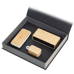 BAMBU VIP KUTU SET (WIRELESS POWERBANK - DİJİTAL MASA SAATİ - KULAKLIK)
