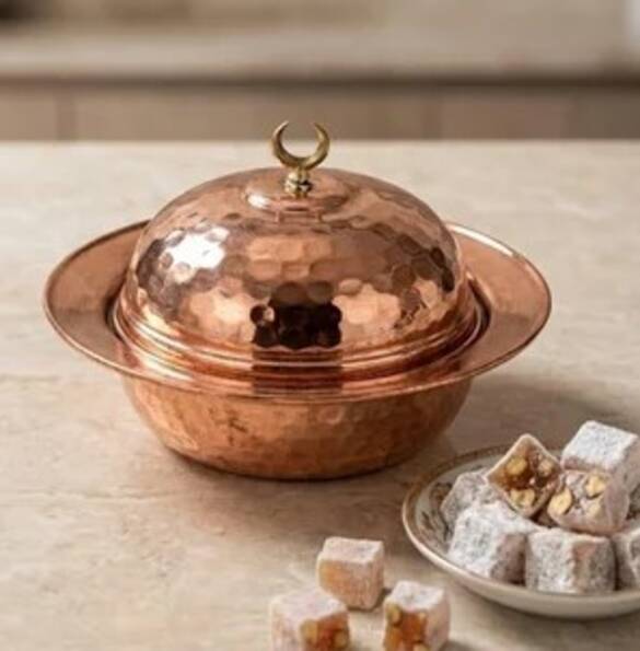 Bakır Saka Yuvarlak Lokumluk 9cm El Dövme Kırmızı