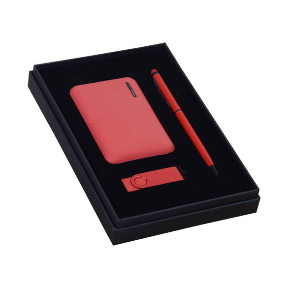 KUTULU HEDİYE SETİ (POWERBANK - KALEM - USB BELLEK) KIRMIZI