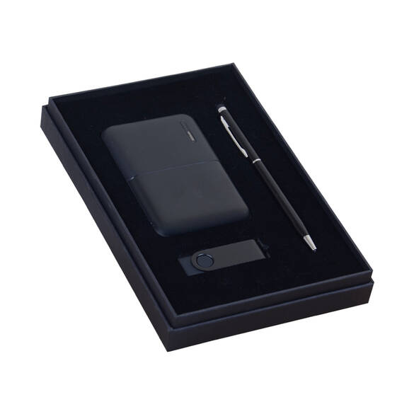KUTULU HEDİYE SETİ (POWERBANK - KALEM - USB BELLEK) SİYAH