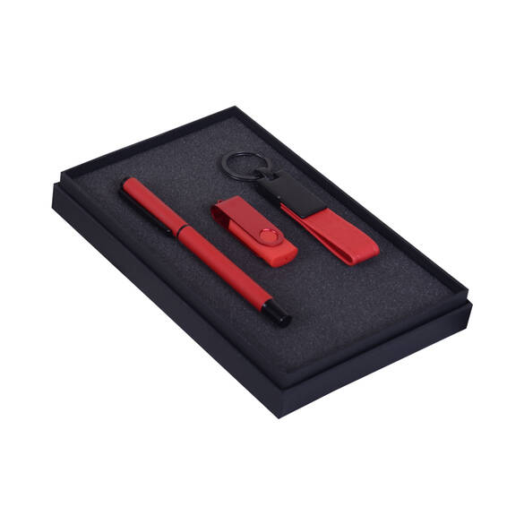 PROMOSYON KUTULU HEDİYE SETİ / ANAHTARLIK USB BELLEK KALEM KIRMIZI