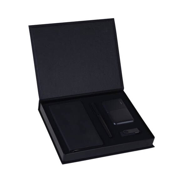 PROMOSYON KUTULU HEDİYE SETİ / DEFTER KALEM POWERBANK USB BELLEK SİYAH