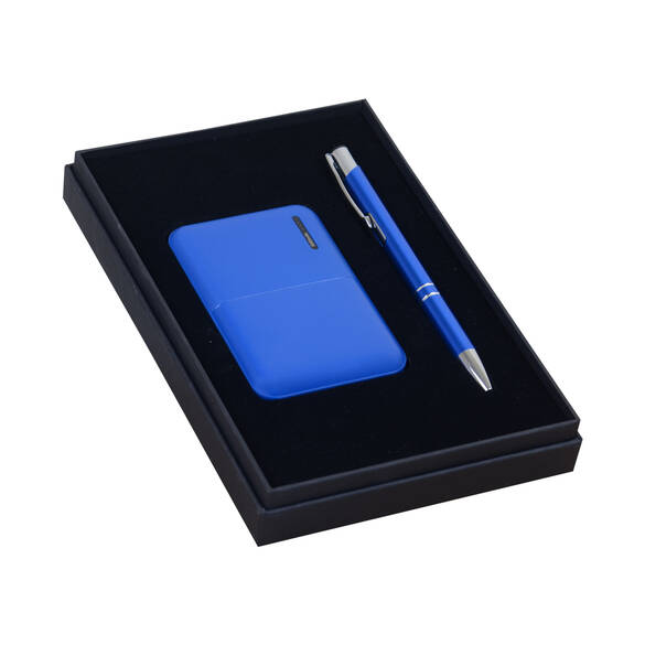 PROMOSYON KUTULU HEDİYE SETİ / KALEM POWERBANK MAVİ