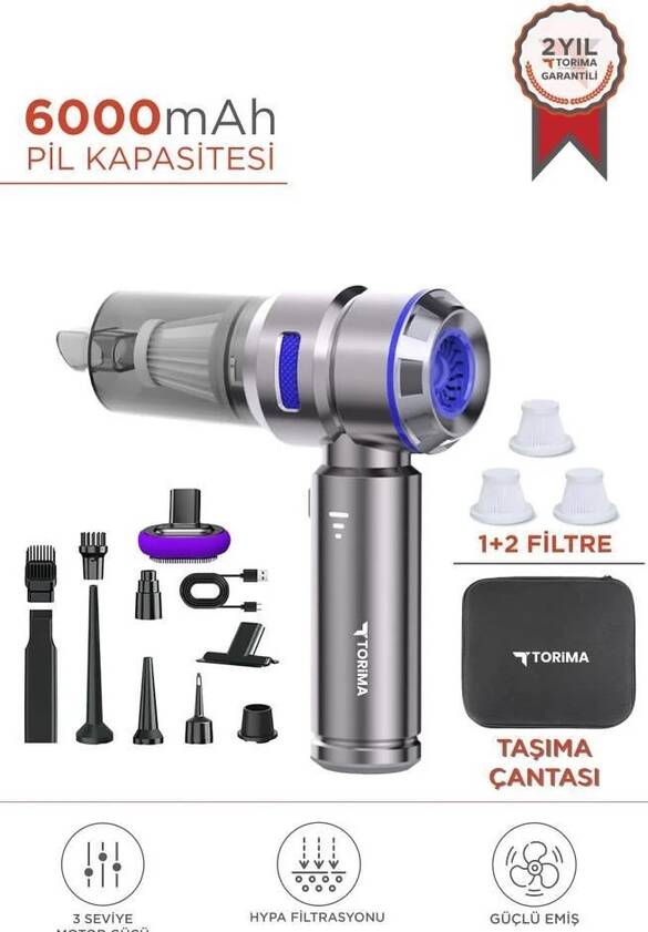 Torima Araç İçi Süpürge 4IN1 16000PA Emiş Güçlü Üflemeli Şarjlı Mini Araba El Süpürgesi HL121 Mavi