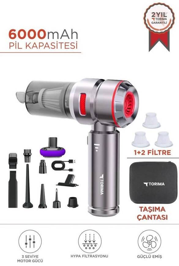 Torima Araç İçi Süpürge 4IN1 16000PA Emiş Güçlü Üflemeli Şarjlı Mini Araba El Süpürgesi HL121 Kırmızı