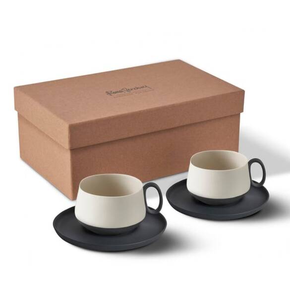 Tube 2'li Tabaklı Çay Fincan Takımı Siyah - Siyah & Fildişi